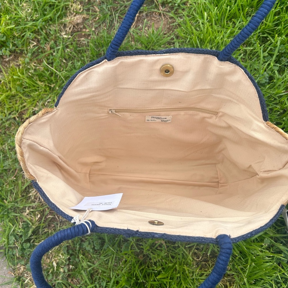 Tote Blue and Tan Spiral Pattern Tote Straw Bag NWT - Picture 8 of 14